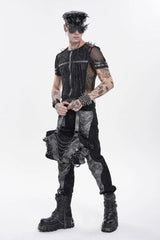 Black Round Collar Long Sleeves Spliced Slim Mesh Studded Eyelet Men's Punk T-Shirt - Product - 13