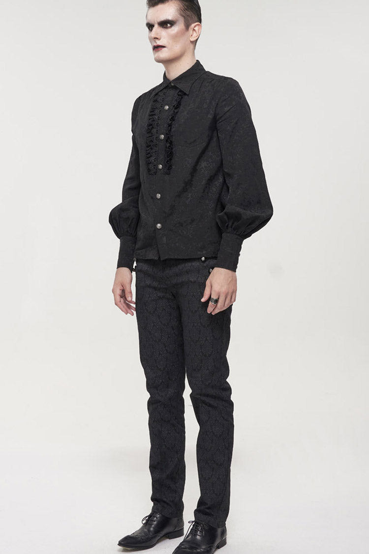 Black Gothic Metal Pattern Buckle Long Sleeve Pleated Lace Lantern Shape Printing Pattern Men's Shirt - Product - 6