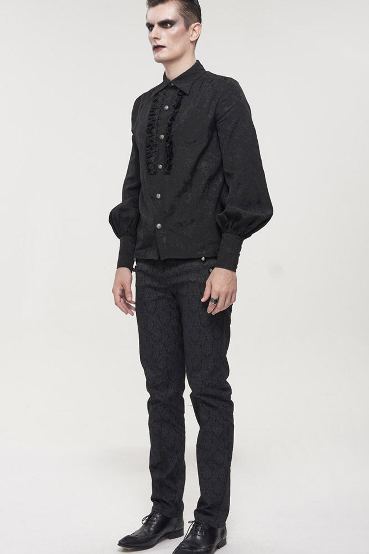 Black Gothic Metal Pattern Buckle Long Sleeve Pleated Lace Lantern Shape Printing Pattern Men's Shirt - Product - 6