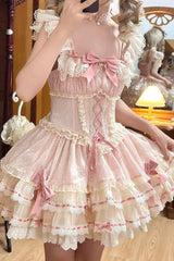 Pink Triple-Layered Bowknot Lace-Up Sweet Princess Ballet Lolita Jsk Dress - Product - 10