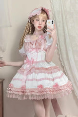 White/Pink [Layered Peach Ice] Short Sleeves Ruffle Bowknot Lace Sweet Lolita Dress - White/Pink - 1