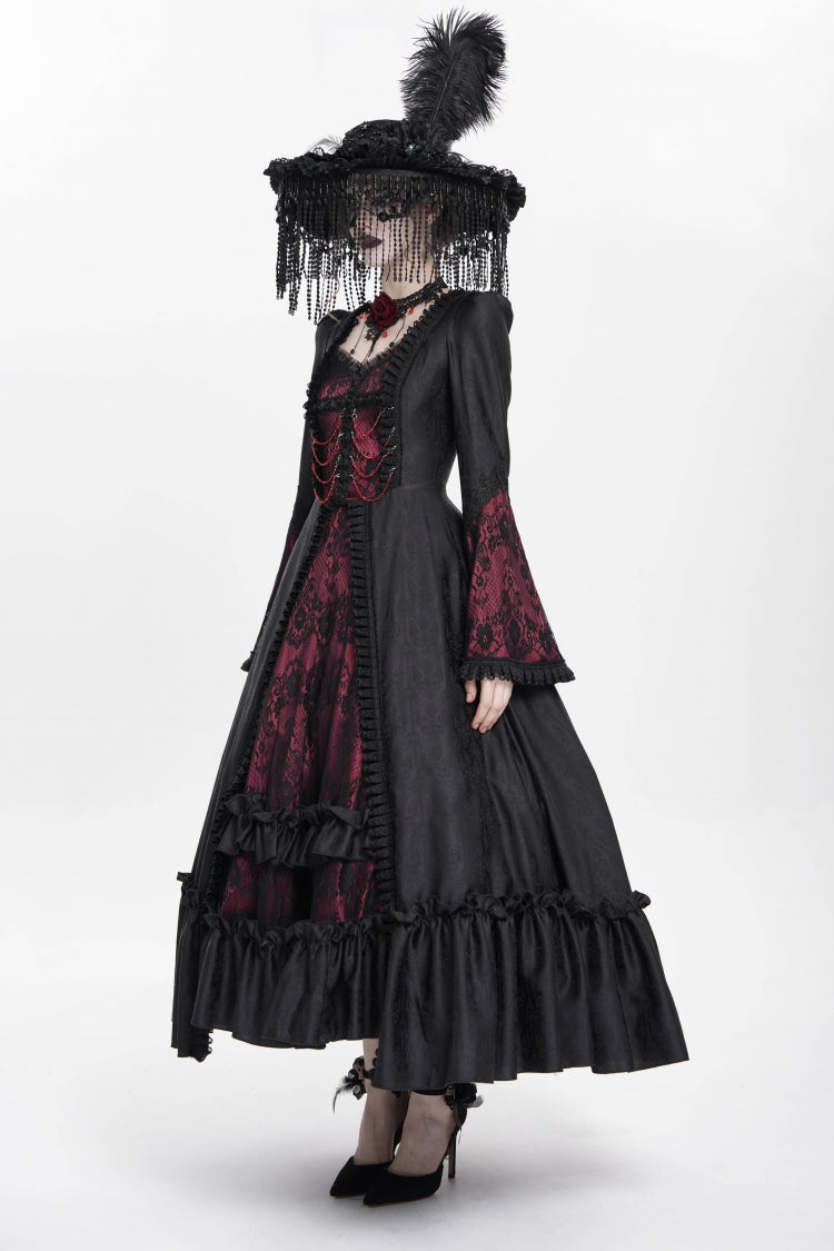 Red Long Sleeves Floral Embroidery Lace-Up Pleated Women's Gothic Dress - Product - 4