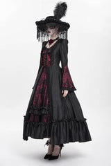 Red Long Sleeves Floral Embroidery Lace-Up Pleated Women's Gothic Dress - Product - 4