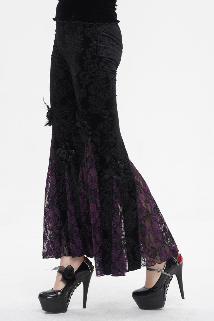 Black/Purple Printed Lace Embroidered Women's Gothic Flared Pants - Product - 4