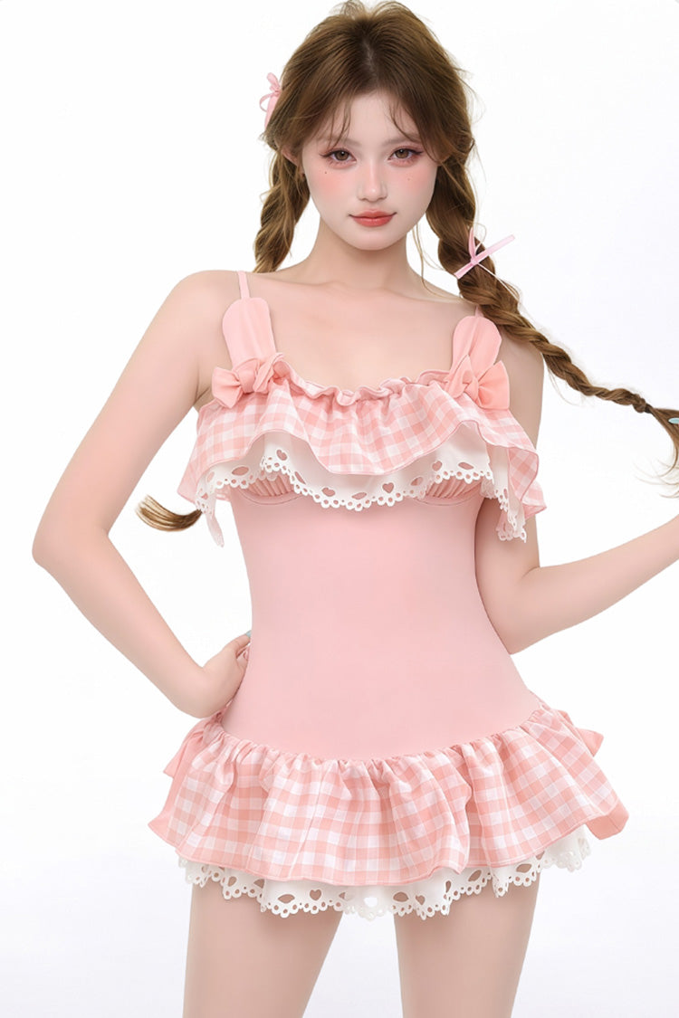 Pink Sleeveless Printed Ruffled Bow Lace Lolita Swimsuit - Pink - 1