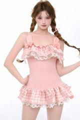 Pink Sleeveless Printed Ruffled Bow Lace Lolita Swimsuit - Pink - 1