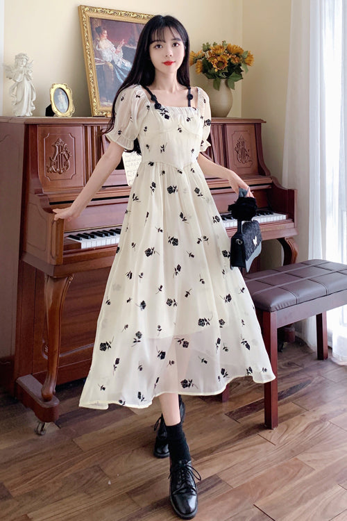 Beige French Square Collar Short Sleeves Rose Print Long Plus Size Sweet Lolita Dress - Product - 2