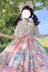 White/Pink Duck Bear Toys Print Short Sleeves Ruffle Bowknot Sweet Lolita Dress - Product - 2