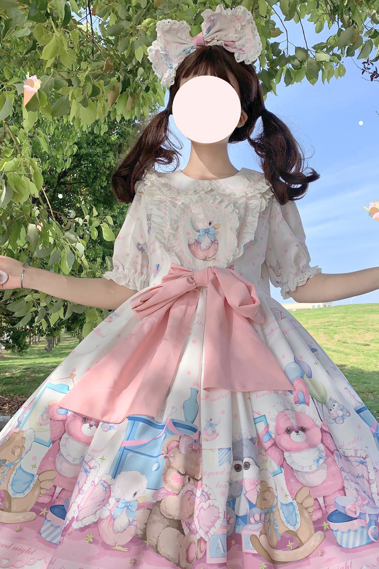 White/Pink Duck Bear Toys Print Short Sleeves Ruffle Bowknot Sweet Lolita Dress - Product - 2