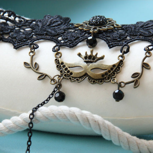 Black Retro Fashion Christmas Female Mask Lace Pearl Gothic Lolita Ring Bracelet - Product - 3