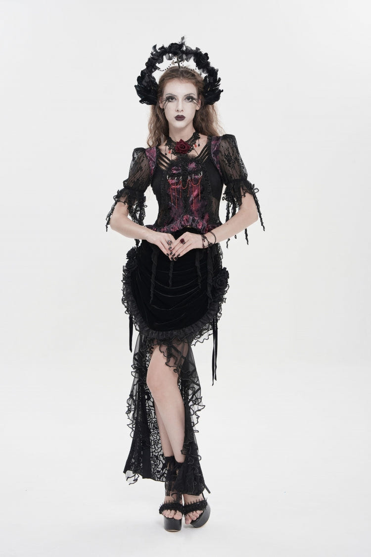 Black Embroidered Rose Lace-up Irregular Women's Gothic Hem Skirt - Product - 10