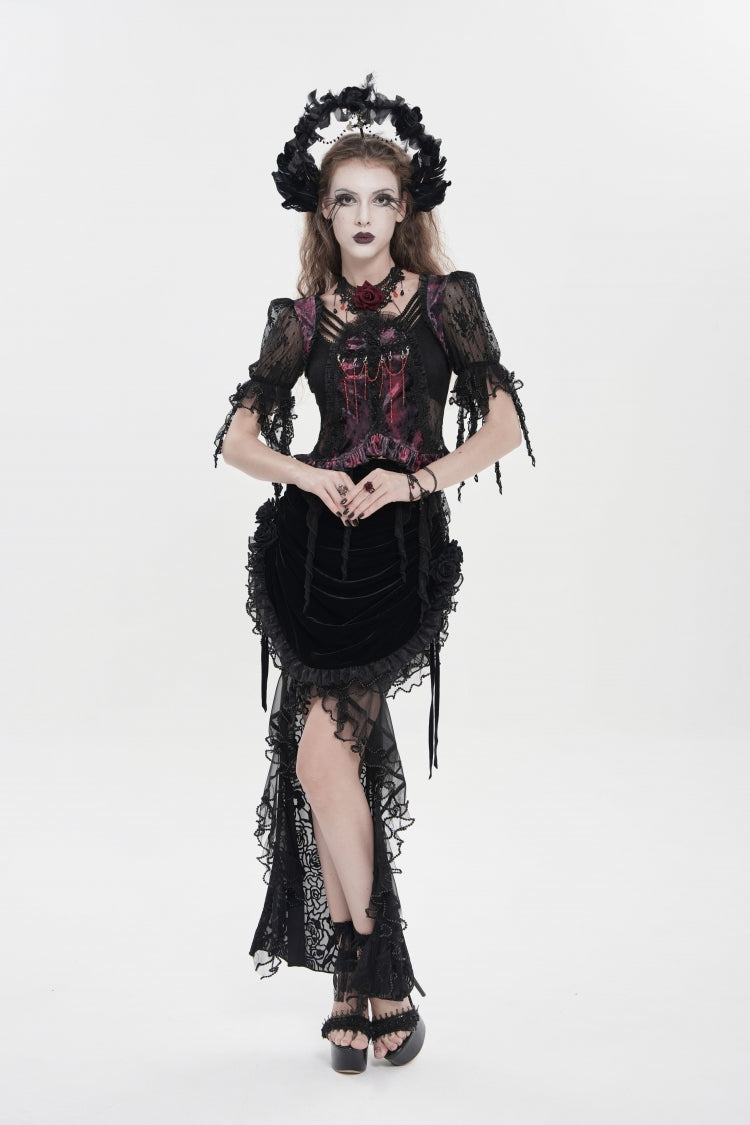 Black Embroidered Rose Lace-up Irregular Women's Gothic Hem Skirt - Product - 10