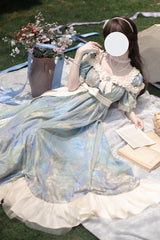 Blue [Oil Painting Sun and Moon Poem] Short Sleeves Print Ruffle Bowknot Sweet Princess Lolita Dress - Product - 11
