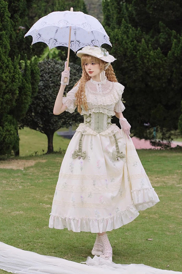 White/Green Letters and Poems to Austen Short Sleeves Print Hollow Lace Sweet Elegant Lolita Dress - Product - 5