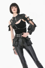 Black Eyelet Buckled Zippered Women's Punk Leather Belt with Side Pouches - Product - 5