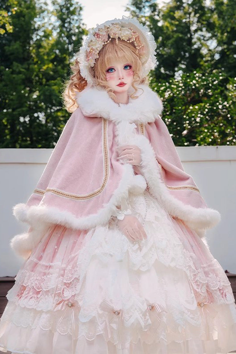 [Snowflake Ballad] Sweet Princess Fur-Collar Lolita Coat Cloak 7 Colors - Dark-Pink - 1