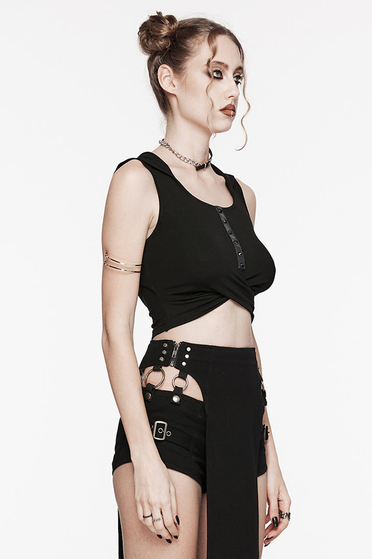 Black Sleeveless Cutout Crossed Hooded Women's Punk Tank Top - Product - 2