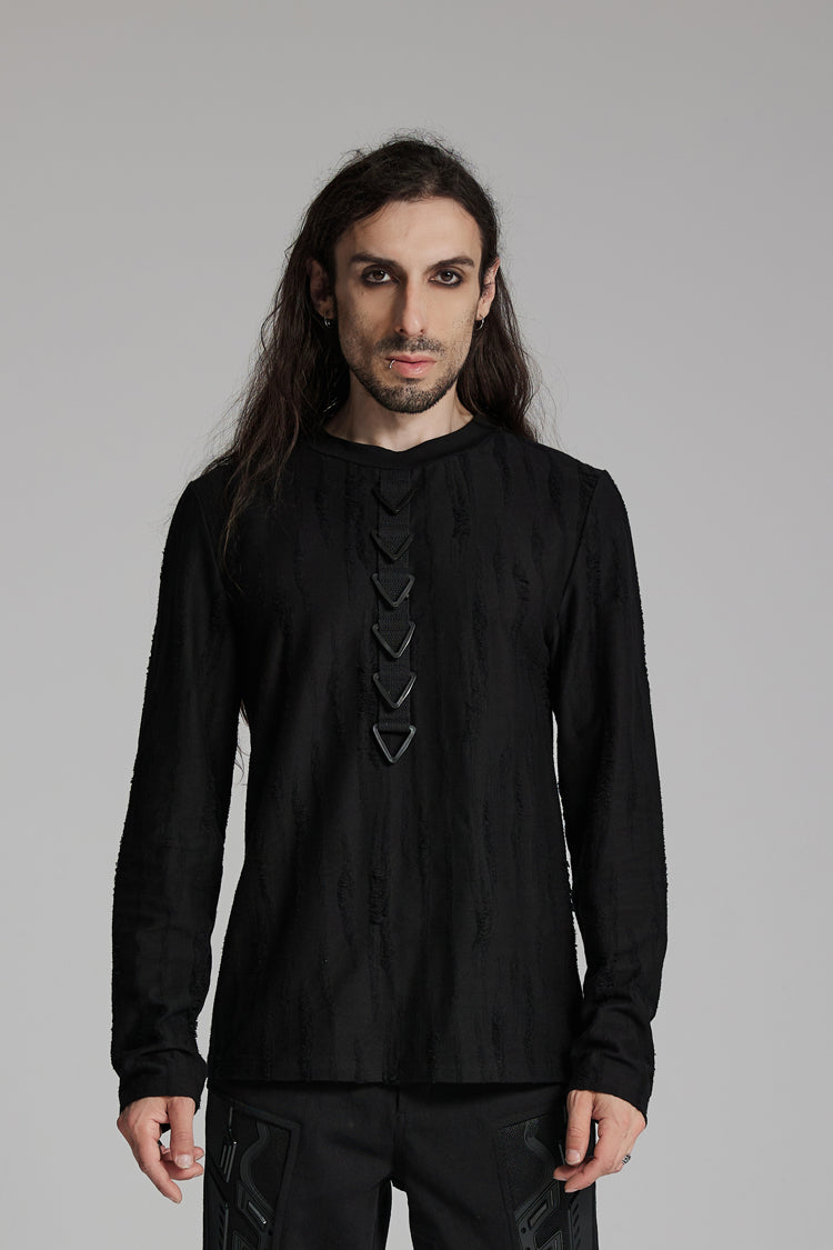 Black Round Collar Long Sleeves Triangle Buckle Men's Punk T-Shirt - Black - 1