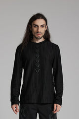 Black Round Collar Long Sleeves Triangle Buckle Men's Punk T-Shirt - Black - 1