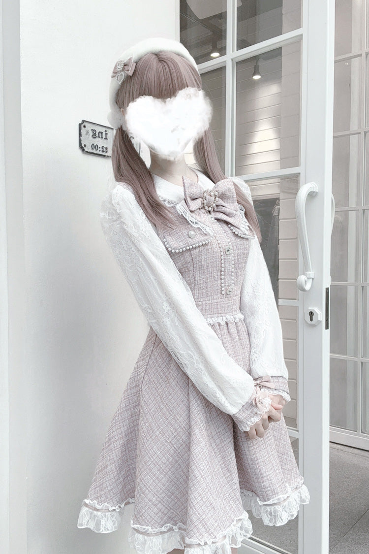 Grey/Pink Long Sleeves Bowknot Lace Pearl Sweet Jirai Kei Dress - Product - 4