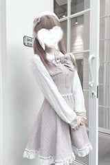 Grey/Pink Long Sleeves Bowknot Lace Pearl Sweet Jirai Kei Dress - Product - 4