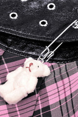 Black/Pink Women's Punk Grunge Zippered Faux Leather Spliced Plaid Pleated Mini Skirt - Product - 15