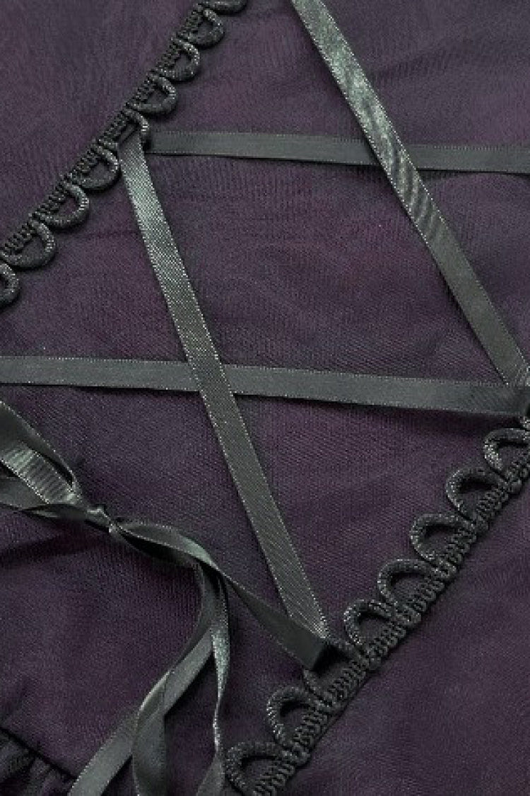 Purple Sheer Lace Square-Cut Collar Double-Layered Long Flared Sleeves  Lace-Up Women's Gothic Maxi Dress - Product - 15
