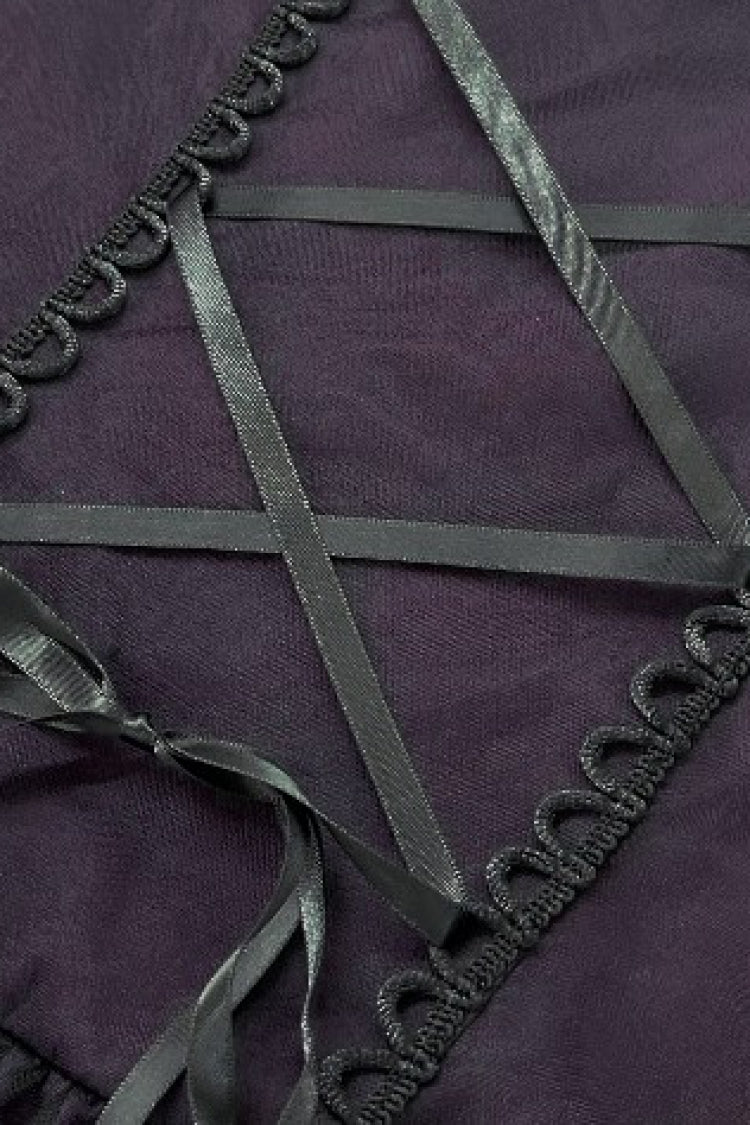 Purple Sheer Lace Square-Cut Collar Double-Layered Long Flared Sleeves  Lace-Up Women's Gothic Maxi Dress - Product - 15