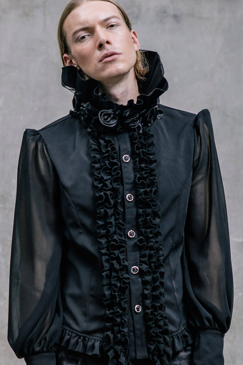 Black High Collar Lace Up Dovetail Hem Mens Gothic Blouse - Product - 4