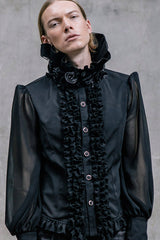 Black High Collar Lace Up Dovetail Hem Mens Gothic Blouse - Product - 4