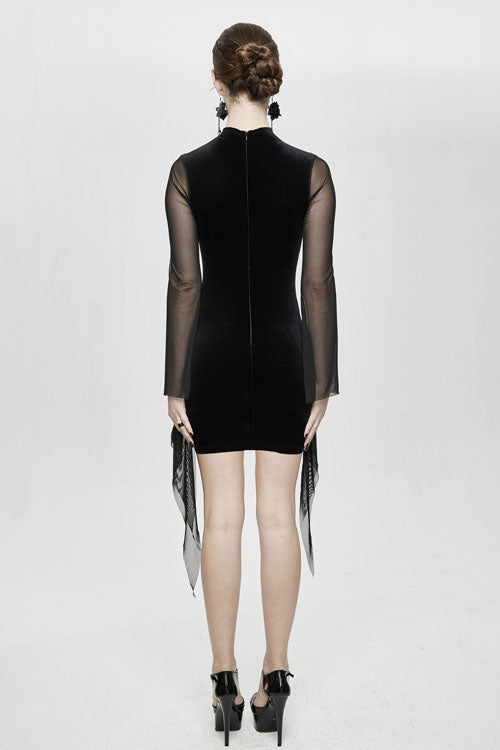 Black Translucent Embroidered Flared Sleeves Sexy Velvet Gothic Womens Dress - Product - 6