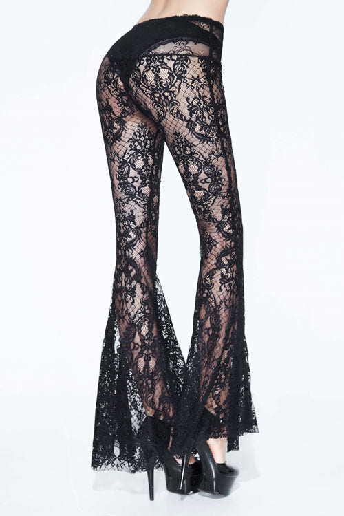 Black Sexy Transparent Lace Bellbottoms With Bead Chain Womens Pants - Product - 3
