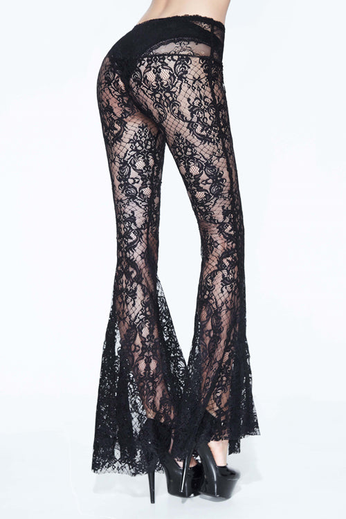 Black Sexy Transparent Lace Bellbottoms With Bead Chain Womens Pants - Product - 3