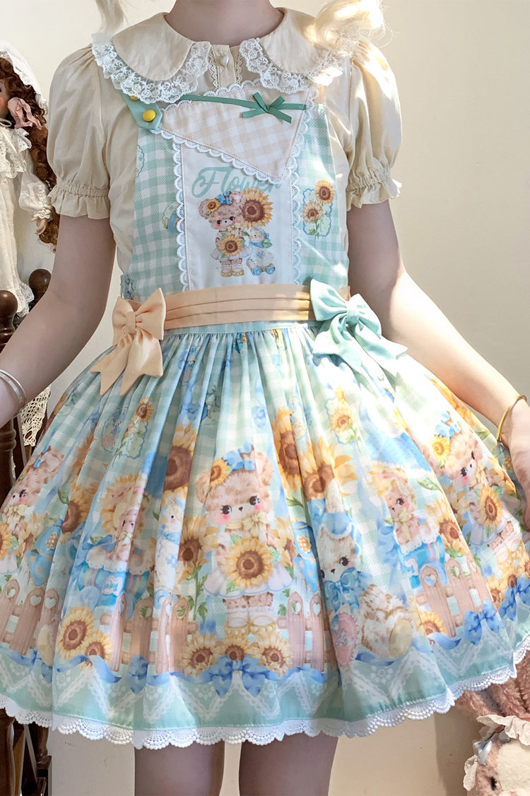 Kawaii Bears Sunflower Print Multi-Color Bowknot Sweet Lolita Strap Dress - Product - 5