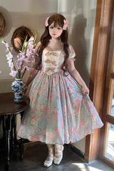 Blue Gem Rose Print Short Puff Sleeves Ruffle Bowknot Sweet Plus Size Lolita Dress - Product - 5