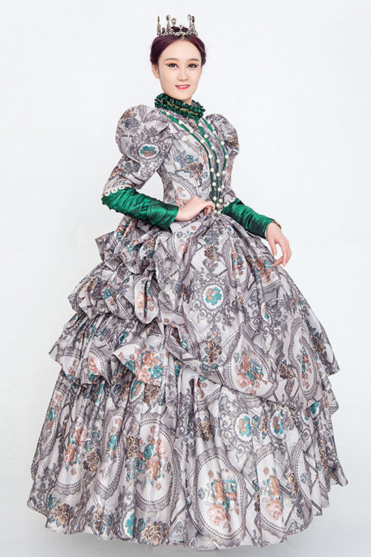 Gray Long Sleeves High Collar Embroidery Floral Print Wave Fold Victorian Lolita Prom Dress - Product - 2