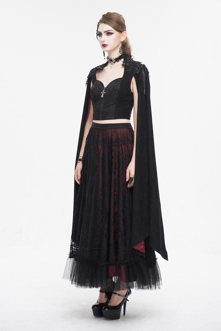 Black Stand Collar Floral Embroidered Women's Gothic Shirt Cloak - Product - 6