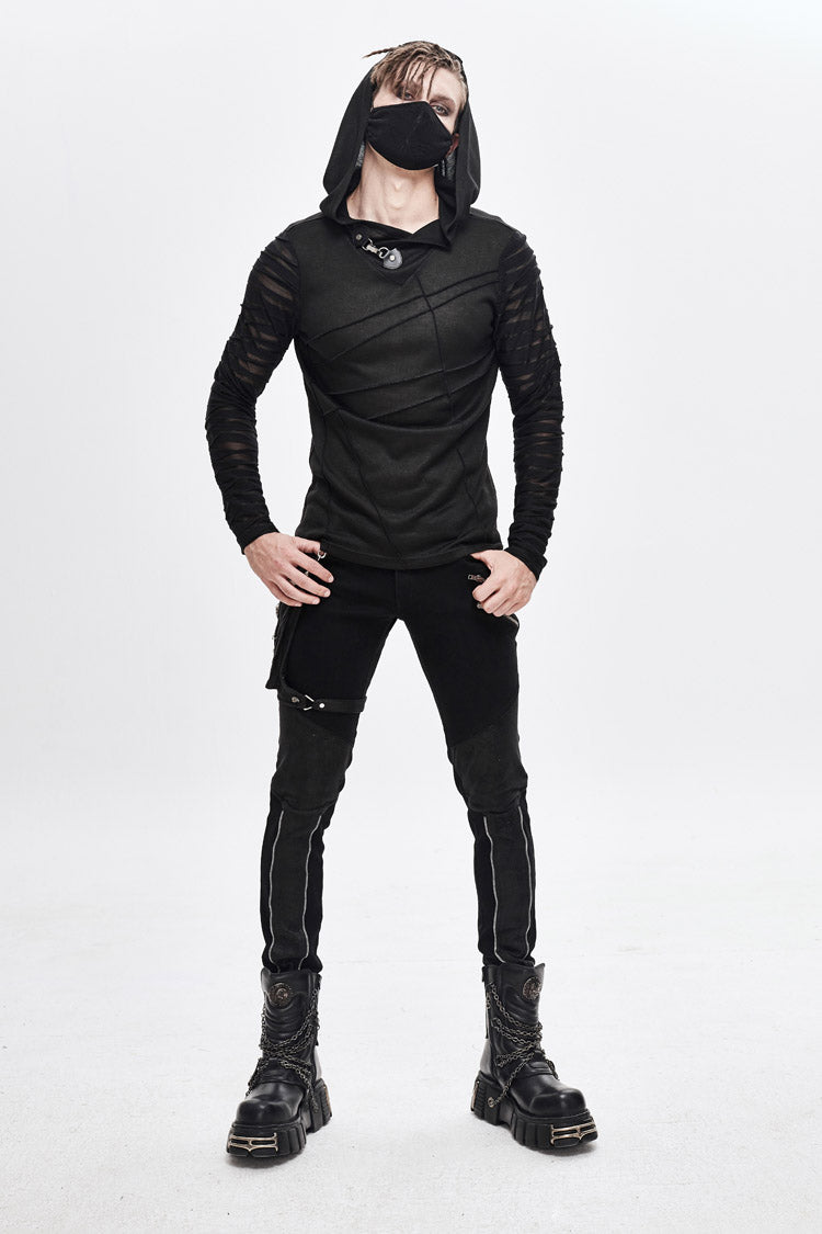 Black Collar Metal Button Irregular Striped Patchwork Bandage Hooded Men's Punk T-Shirt - Product - 3