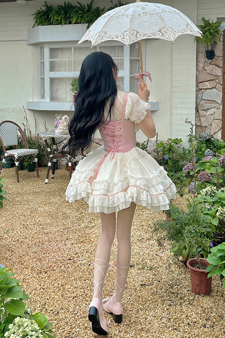 White/Pink Secret Garden Multi-layer Ruffle Bowknot Lace-Up Sweet Princess Lolita Jsk Dress - Product - 6