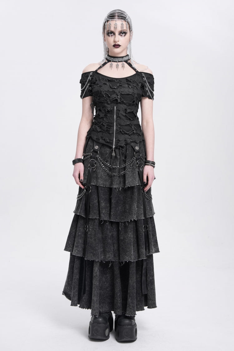Black Off Shoulder Halterneck Ripped Women's Punk Blouse - Product - 7