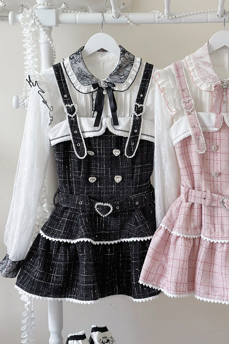 Black Plaid Printed Pearl-Decorated Sweet Jirai Kei Japanese Strap Dress Set - Product - 7