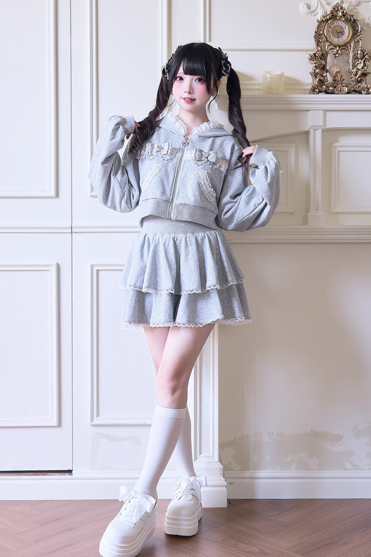 Sweet Long Sleeves Bowknot Lace Hooded Jirai Kei Hoodie Skirt Set 3 Colors - image 13