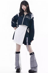 Blue/White [Message Overload] Techwear Long Sleeves Embroidered Asymmetric Zippered Jirai Kei Dress Short Coat Set - Full-Set - 1