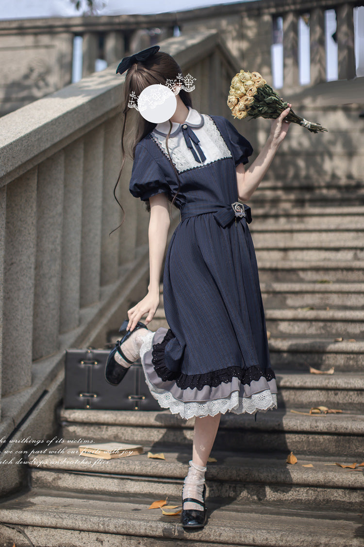 Blue [Phyllis] Lapel Collar Short Sleeves Printed Bow Classic Vintage Elegant Lolita Dress - Product - 7