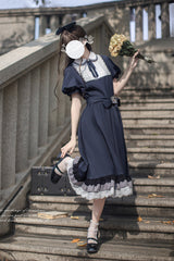 Blue [Phyllis] Lapel Collar Short Sleeves Printed Bow Classic Vintage Elegant Lolita Dress - Product - 7