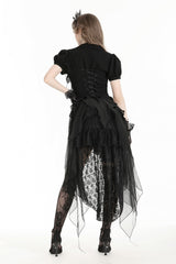 Black Multi-Layered Deep V Collar Pleated Short Puff Sleeves Lace-Up Gothic Blouse - Product - 4