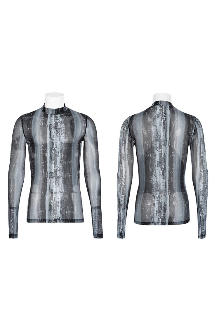 Black/Grey Punk High Collar Technology Sense Printing Elasticity Tight Long Sleeves Men's Shirt - Product - 5