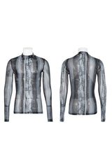 Black/Grey Punk High Collar Technology Sense Printing Elasticity Tight Long Sleeves Men's Shirt - Product - 5