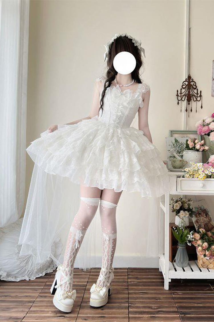 White [From Broken Wings to Rebirth] Sleeveless Multi-Layered Ruffle Bowknot Lace-Up Gothic Ballet Lolita Jsk Dress - Product - 4