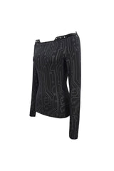 Black Printed Circuit Board Pattern Off-Shoulder Leather Strip Rivet Tight Women's Punk T-Shirt - Product - 7